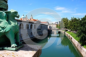 Cityscape of the Slovenian capital Ljubljana from Dragon bridge