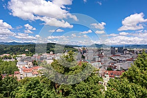 Cityscape of the Slovenian capital Ljubljana. Panorama of Ljubljana, Slovenia. View to Ljubljana City Center