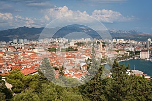 Cityscape of Split on the Adriatic coastline from Marjan hill, Dalmatia, Croatia.