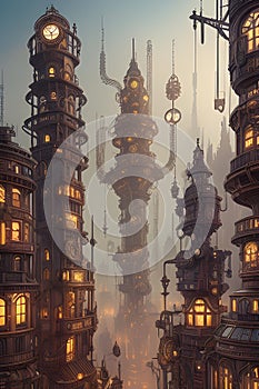 Cityscape with a steampunk aesthetic imagine towering buildings