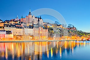 Cityscape of Stockholm city at night in Sweden