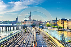 Cityscape of Stockholm historical city centre with Riddarholmen island Church spires, City Hall Stadshuset tower