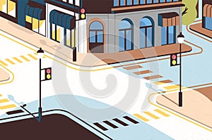 Cityscape with street intersection, elegant buildings, crossroad with traffic signals and zebra crossings or crosswalks