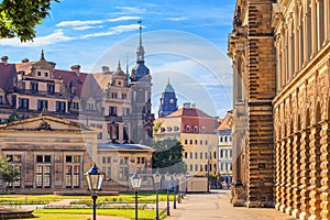 Cityscape - street photography with a view of the Dresden Castle and the Dresden Town Hall