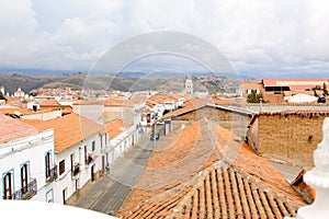 Cityscape of Sucre, Bolivia with the tower of the cathedral visible, Bolivia.