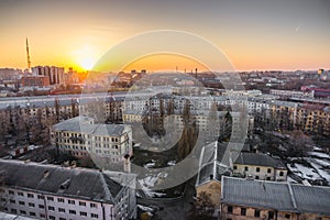 Cityscape sunset, aerial view from rooftop of Voronezh city, houses, dormitories