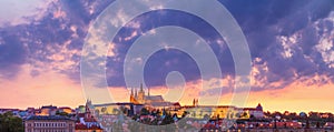 Cityscape at sunset, panorama, banner - view of the historical district of Hradcany with the castle complex Prague Castle