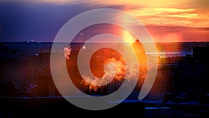 Cityscape of sunset sky background, top view