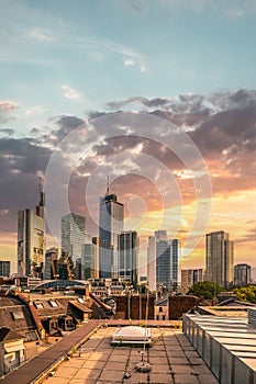 Cityscape, Sunset view of the Frankfurt skyline from the Maintower observation deck in Frankfurt, Germany