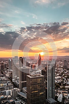 Cityscape, Sunset view of the Frankfurt skyline from the Maintower observation deck in Frankfurt, Germany