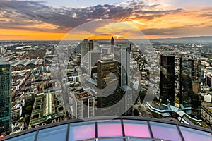 Cityscape, Sunset view of the Frankfurt skyline from the Maintower observation deck in Frankfurt, Germany