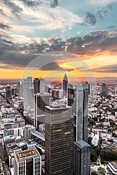 Cityscape, Sunset view of the Frankfurt skyline from the Maintower observation deck in Frankfurt, Germany