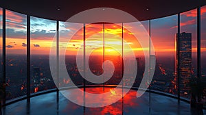 Cityscape sunset view from panoramic office window