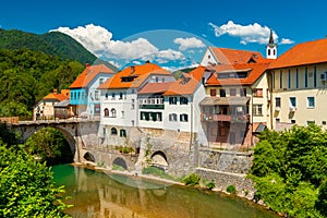 Cityscape of SÌŒkofja Loka, Slovenia. An ancient European town