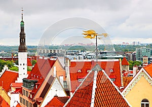 Cityscape of Tallinn with Holy Spirit Church tower and rooster vane, Tallinn, Estonia