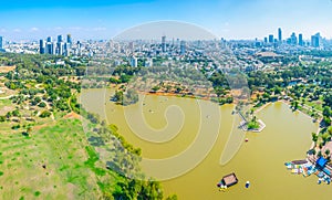 Cityscape of Tel Aviv viewed from TLV Balloon flying over Hayarkon park, Israel photo