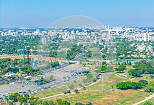Cityscape of Tel Aviv viewed from TLV Balloon flying over Hayarkon park, Israel photo