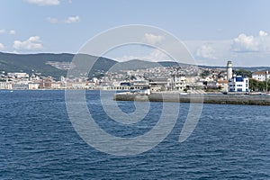 cityscape with Teresiano pier and town waterfront in background, Trieste, Friuli, Italy