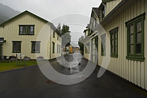 Cityscape of Timber historic buildings MosjÃ¸en Norway