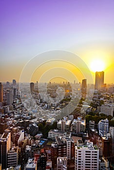 Cityscape of tokyo city skyline in Aerial view with skyscraper, modern office building and sunset sky background in Tokyo