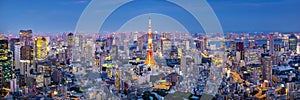 Cityscape of Tokyo skyline, panorama aerial skyscrapers view of office building and downtown in Tokyo in the evening.