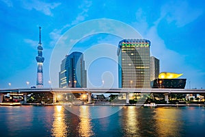 Cityscape of Tokyo skyline, panorama view of office building at Sumida river.