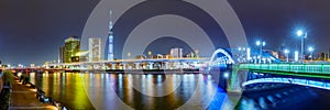 Cityscape of Tokyo skyline, panorama view of office building at Sumida river.