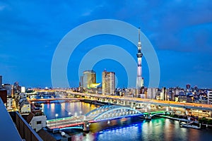 Cityscape of Tokyo skyline, panorama view of office building at Sumida river in Tokyo in the evening.