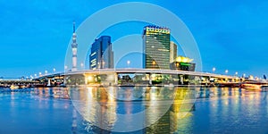 Cityscape of Tokyo skyline, panorama view of office building at Sumida river in Tokyo in the evening.