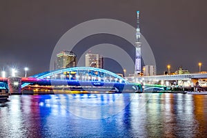 Cityscape of Tokyo skyline, panorama view of office building at Sumida river in Tokyo in the evening.