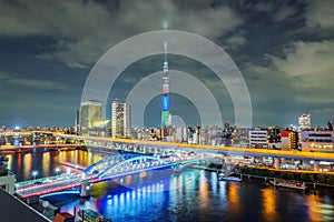 Cityscape of Tokyo skyline, panorama view of office building at Sumida river in Tokyo in the evening.