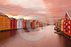 Cityscape of Trondheim Norway at sunset