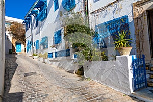Cityscape with typical white blue colored houses in resort town Sidi Bou Said. Tunisia, North Africa