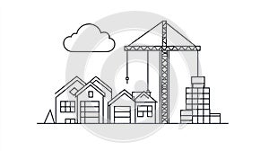 Construction Crane Over Houses and Building Site Line Art Real Estate Development