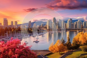 Cityscape of Vancouver, British Columbia, Canada. Panoramic view of Vancouver waterfront at sunset,m Beautiful view of Vancouver,