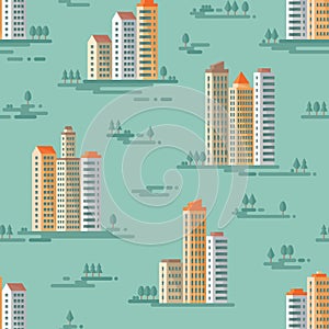 Cityscape - vector background seamless pattern in flat style design. Buildings and trees background.