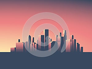 Cityscape vector background. Skyline wallpaper with skyscrapers in sunset or sunrise.