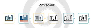 Cityscape vector icon in 6 different modern styles. Black, two colored cityscape icons designed in filled, outline, line and