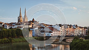 Bayonne, France cityscape view with Cathedral and Nive river