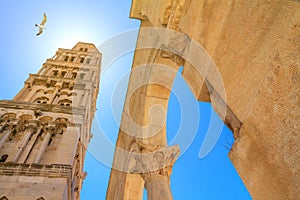 Cityscape - view of the bell tower of the Cathedral of Saint Domnius near the Palace of Diocletian in the Old Town of Split