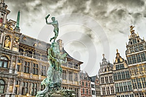 Cityscape - view of the Brabo fountain and the Stadhuis building City Hall at the Grote Markt Main Square of Antwerp