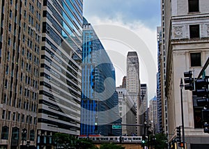 Cityscape view of Chicago`s elevated train and track on Lake and LaSalle Streets in Chicago Loop. photo