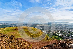 Cityscape view of Edinburgh from Arthur`s Seat, Scotland, United