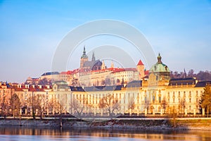 Cityscape view of famouse Prague castle at colorful sunrise