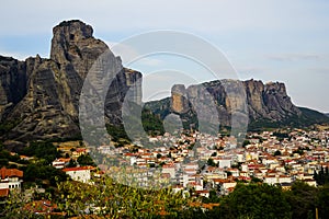 Cityscape view of Kalambaka ancient town with beautiful rock formation mountain, immense natural boulders pillars and sky