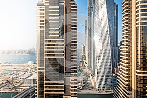 Cityscape view of luxury Dubai marina buildings