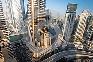 Cityscape view of luxury Dubai marina buildings