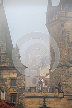 Cityscape - view of the Mal? Strana Bridge Tower from the Charles Bridge in the early morning, Prague