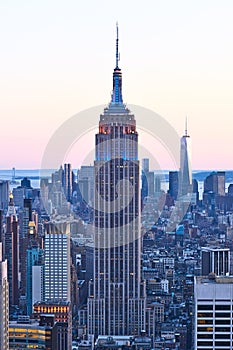 Cityscape view of Manhattan with Empire State Building at sunset