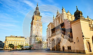 Cityscape view on the Market square with Cloth Hall building during the morning light in Krakow, Poland